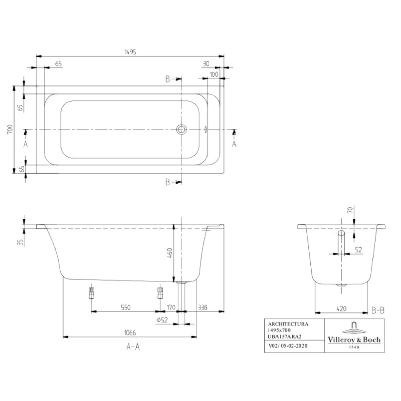 Baignoire droite VILLEROY ET BOCH Architectura acrylique avec pieds