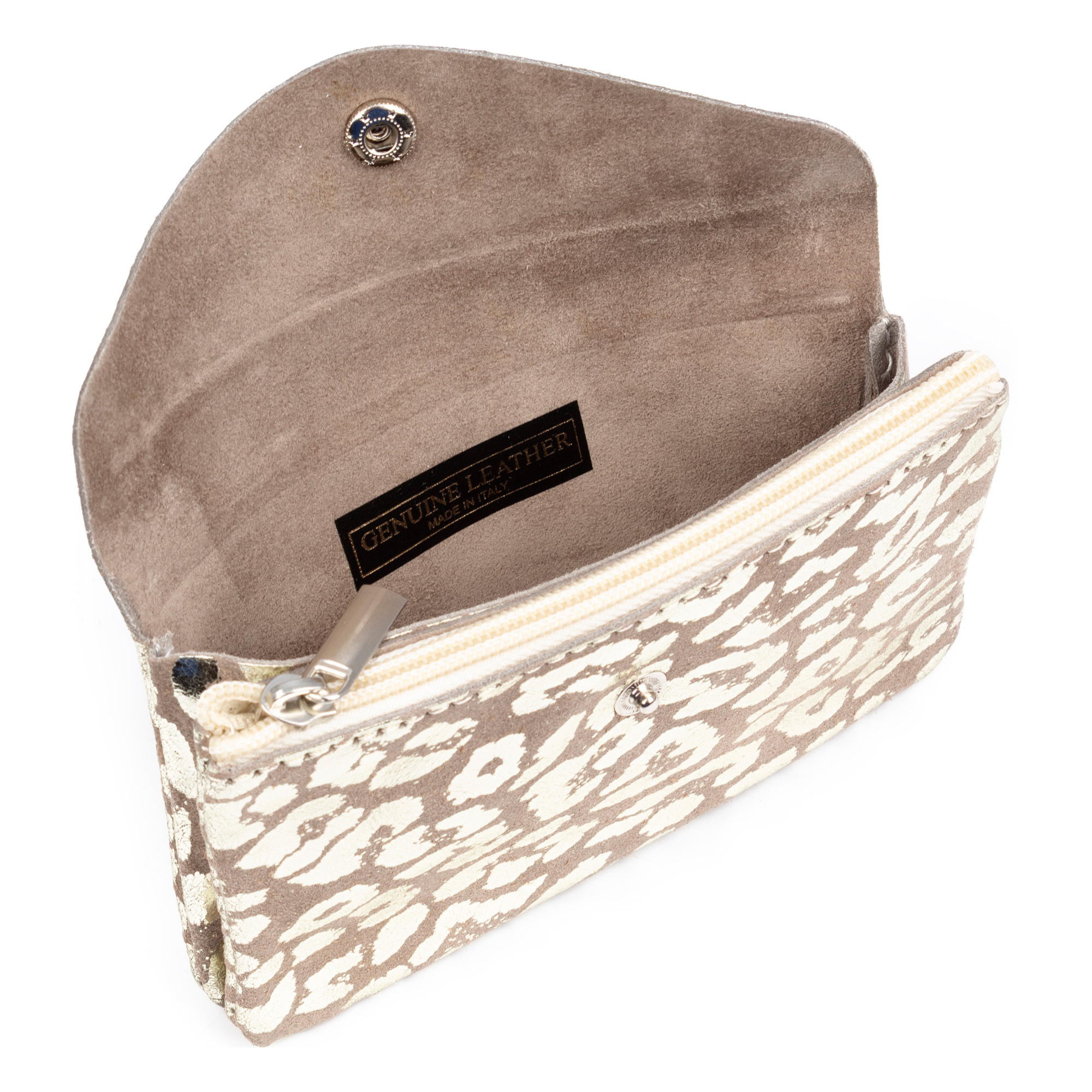 Alseno monedero alargado mujer. Piel auténtica Gamuza, diseño animal print leopardo, lacada brillante.