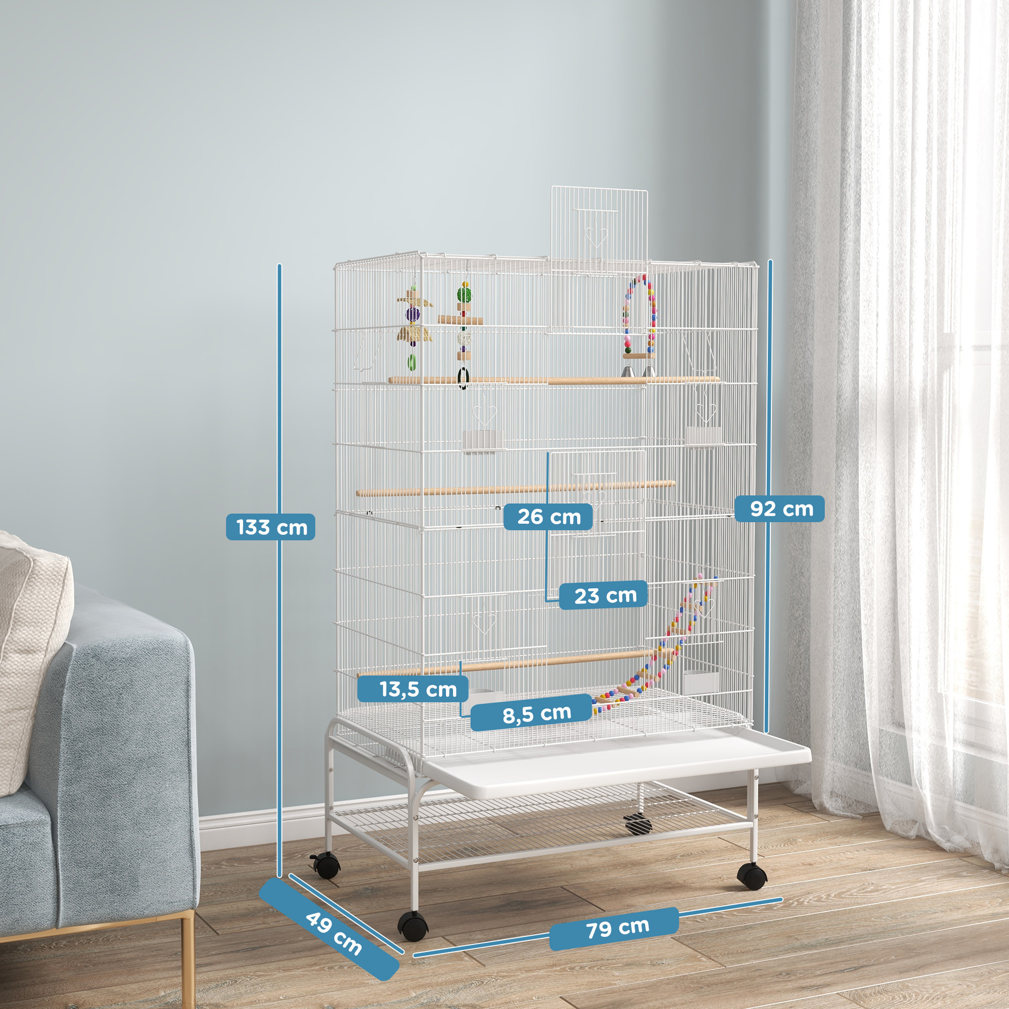 Jaula para Pájaros con Ruedas Jaula Grande con Soporte Pajarera con Bandeja Extraíble Puertas Comederos Perchas Juguetes y Estante Inferior para Canarios Periquitos 79x49x133 cm Blanco