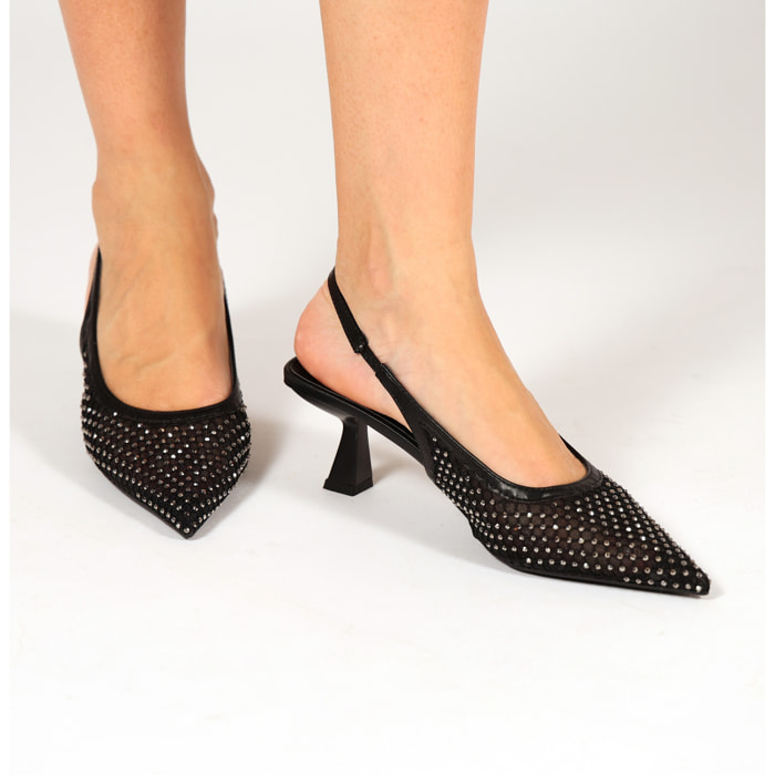 Dècolletè slingback con tacco a rocchetto in tessuto traforato con strass