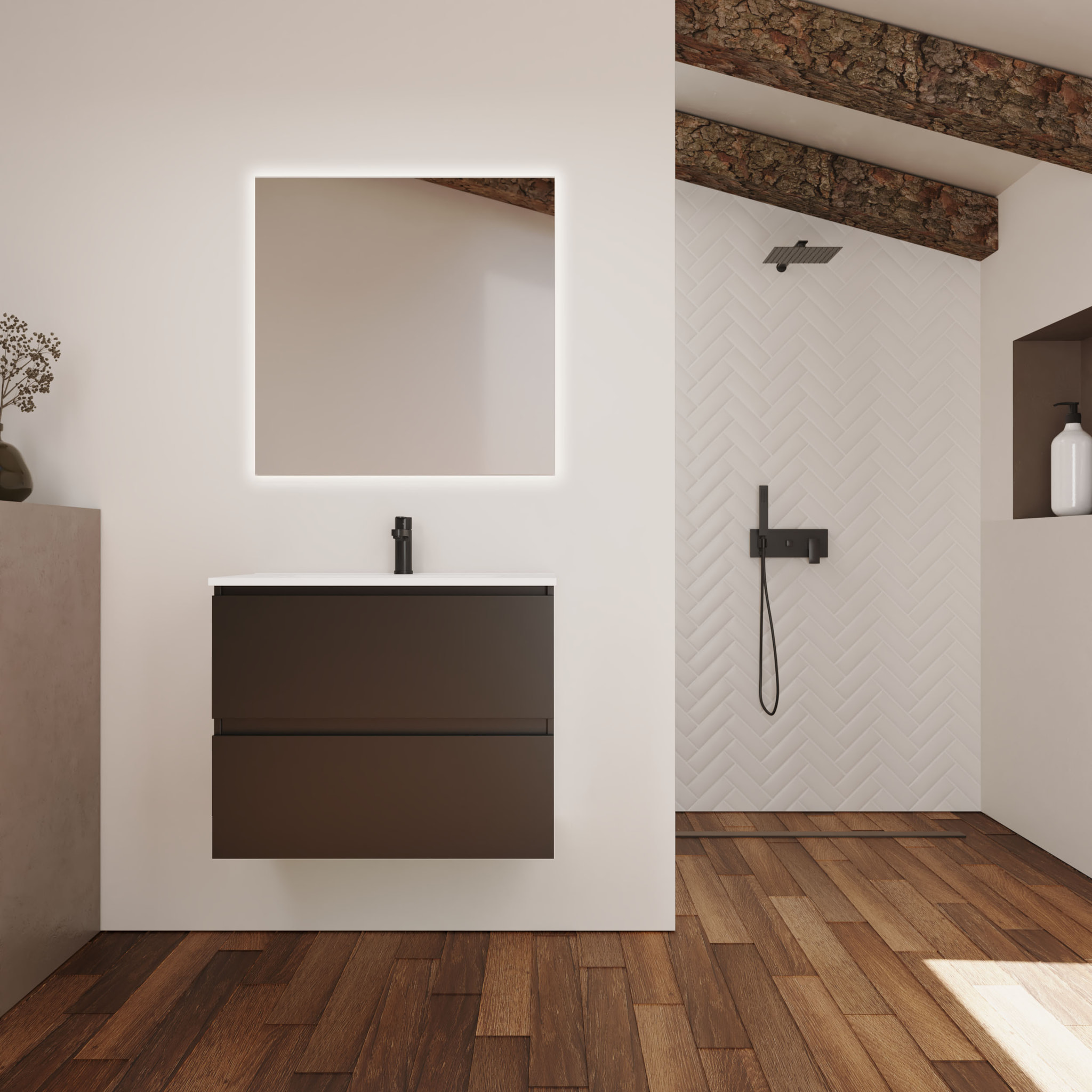 Conjunto de Baño Kaji | Mueble de Baño Suspendido | 80 cm Negro| Dos Cajones | Lavabo Encastrado | No incluye Espejo | Alday