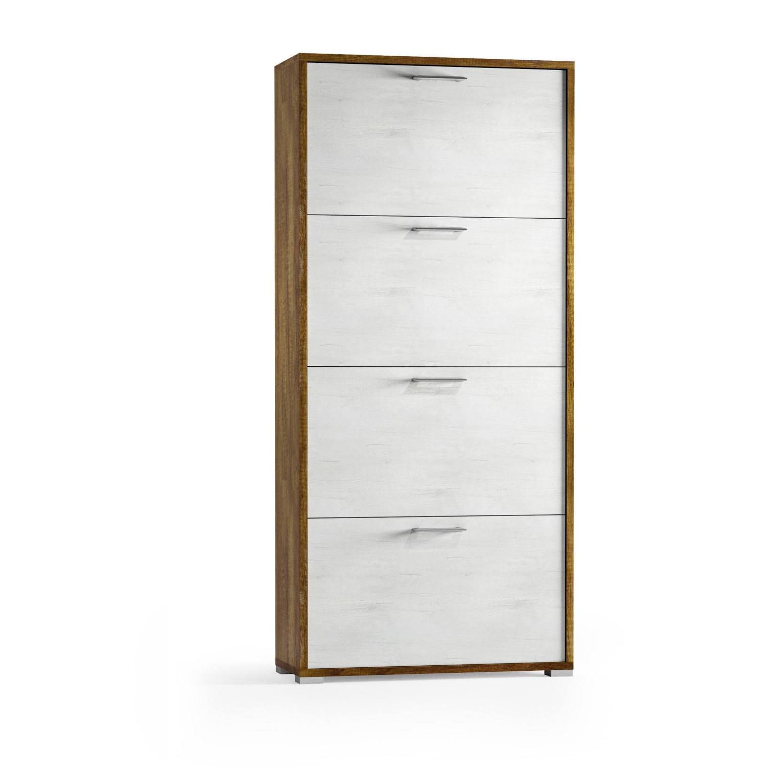 Scarpiera Rosa, Mobile multiuso da ingresso con 4 ante a ribalta, Armadietto portascarpe a doppia profondità, 100% Made in Italy, Cm 67x28h147, Bianco e Rovere