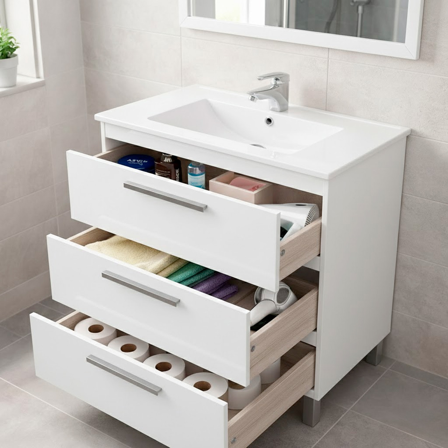 Mobile Bagno A Terra Con 3 Cassetti Lavabo In Ceramica E Specchio 77 x 50 Cm Inclusi Design Moderno Salvaspazio Elegante 80 x 45 x 86 Cm Colore Bianco