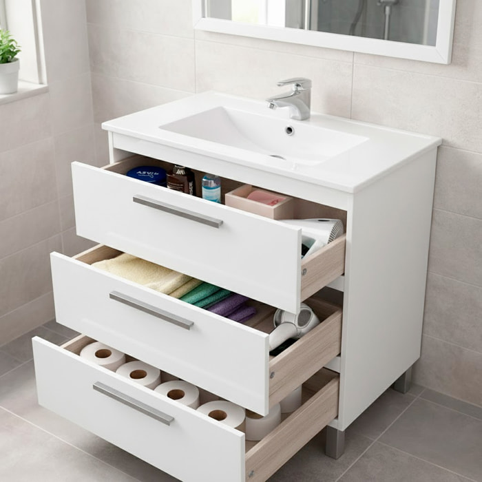 Mobile Bagno A Terra Con 3 Cassetti Lavabo In Ceramica E Specchio 77 x 50 Cm Inclusi Design Moderno Salvaspazio Elegante 80 x 45 x 86 Cm Colore Bianco