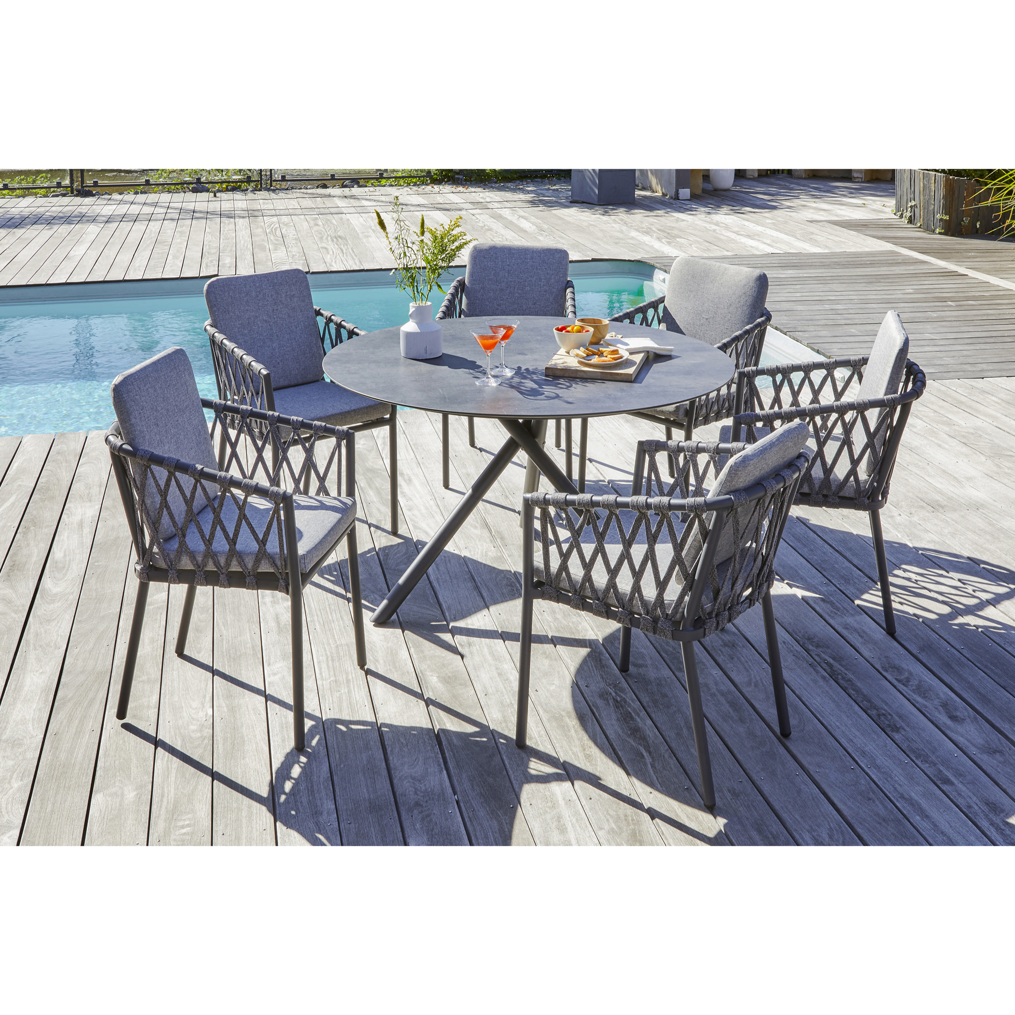 PILAT - Ensemble repas de jardin 6 places en aluminium gris anthracite