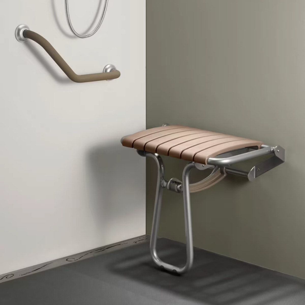 Siége de douche PMR PELLET Essentiel confort assise large avec pied aluminium époxy gris lattes taupe