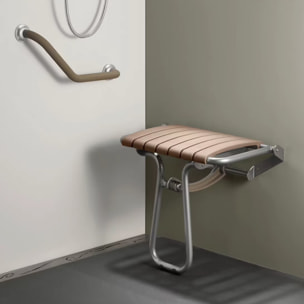 Siége de douche PMR PELLET Essentiel confort assise large avec pied aluminium époxy gris lattes taupe