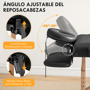Camilla Masaje Plegable Portátil Camilla Estética Profesional de Madera de 3 Zonas con Altura Ajustable Reposacabezas Reposabrazos Acolchados para Spa Pestañas Tatuajes 215x60x64-89 cm Negro