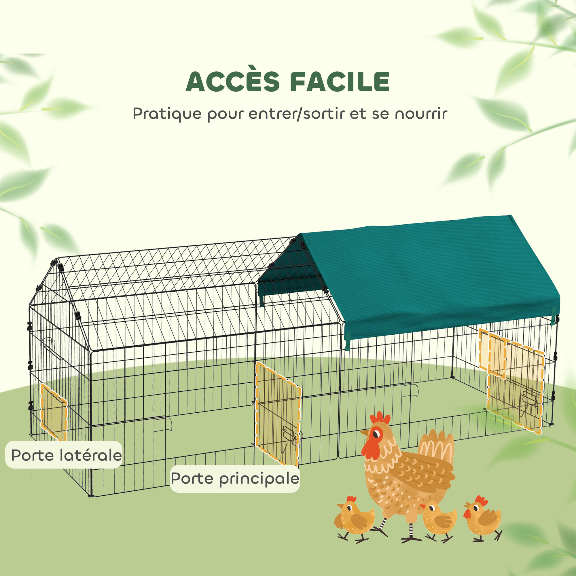 Parc enclos petits animaux - 2 portes, 2 trappes nourrissages, zone couverte - acier noir polyester vert