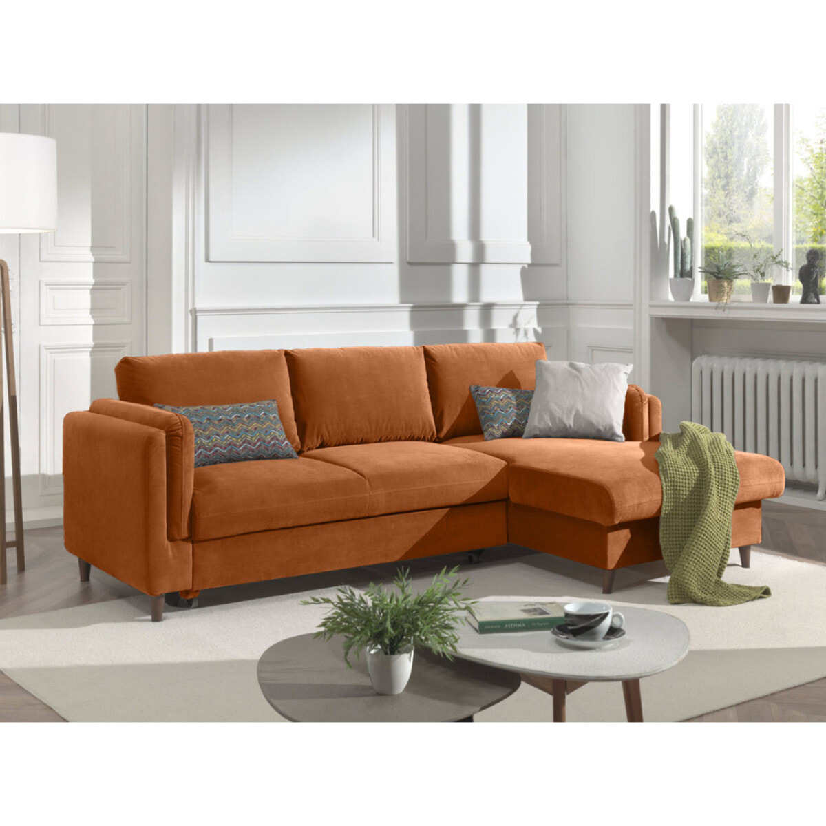 Brooke - canapé d'angle droit - convertible avec coffre - 4 places - en velours - Rouille