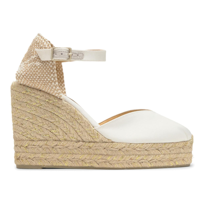 Alpargata Chiarita cuña de yute en raso con pulsera, doble plataforma y escote en V