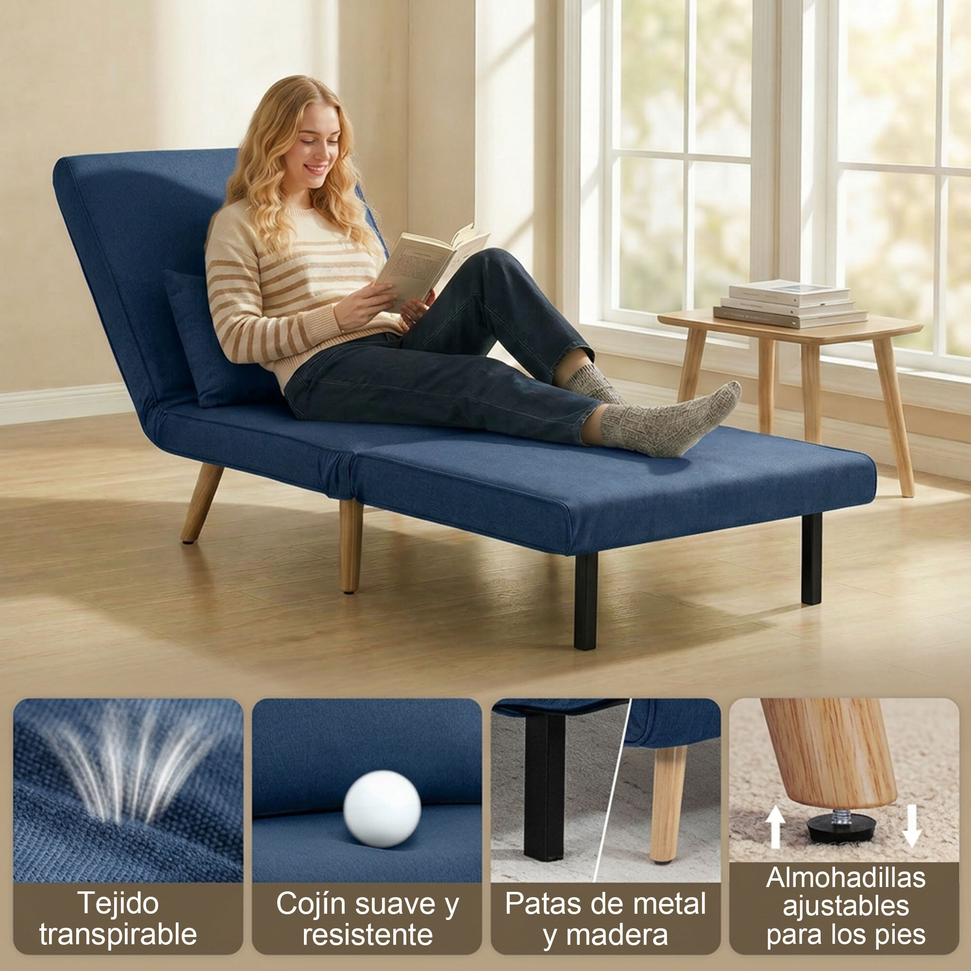 Sofá Cama Individual 3 en 1, Sillón Cama Plegable con Respaldo Ajustable en 5 Posiciones, Asiento Amplio, Almohada Acolchada, Patas de Madera, 72x75x85 cm, Azul Oscuro