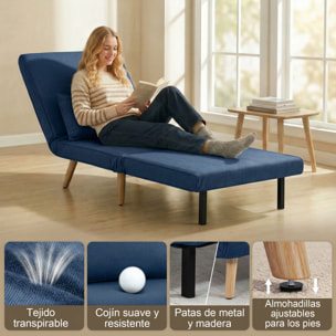 Sofá Cama Individual 3 en 1, Sillón Cama Plegable con Respaldo Ajustable en 5 Posiciones, Asiento Amplio, Almohada Acolchada, Patas de Madera, 72x75x85 cm, Azul Oscuro
