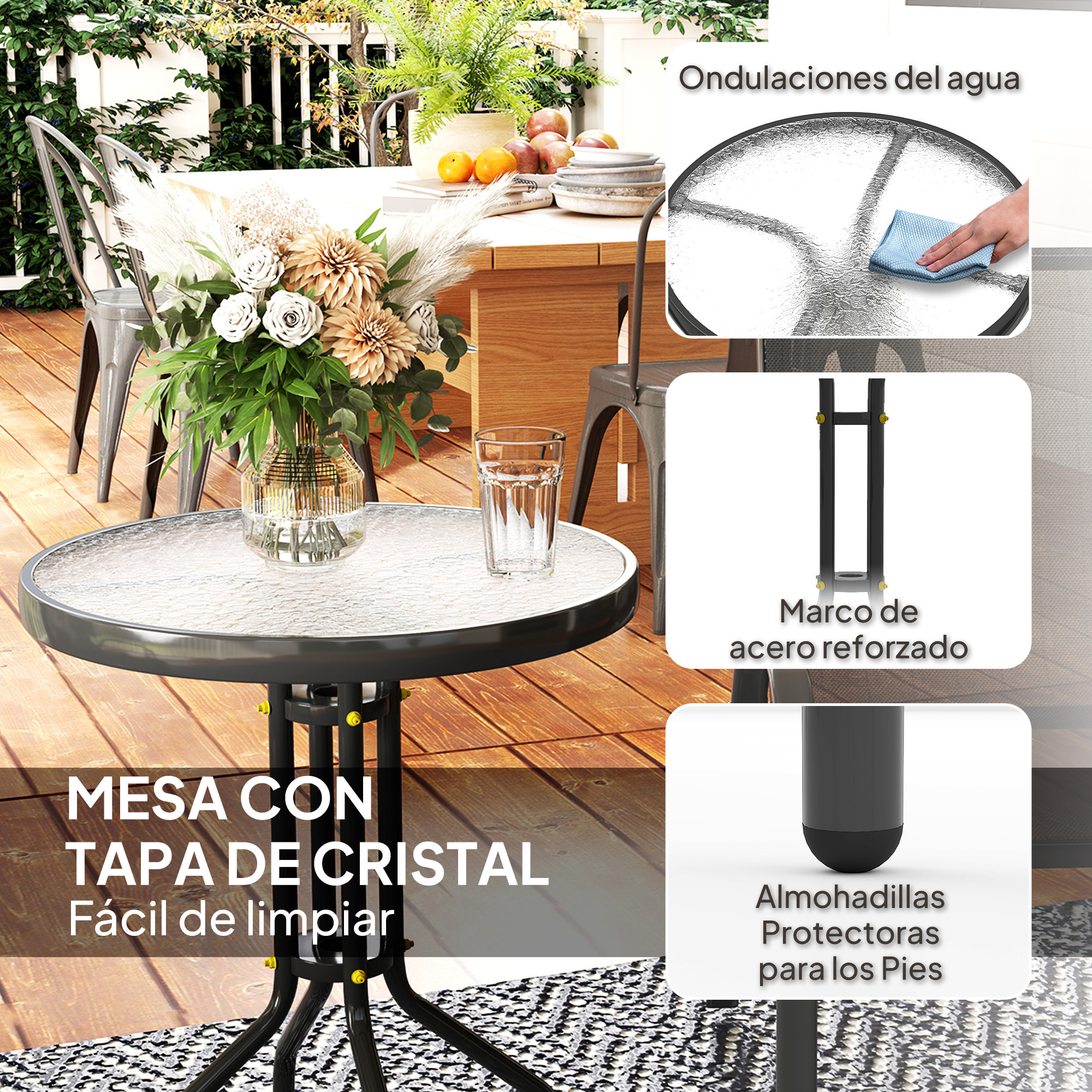 Conjunto de Mesa y Sillas de Terraza Exterior de 3 Piezas Muebles de Jardín Exterior con Sillas Apilables Encimera de Vidrio y Estructura de Acero para Patio Negro