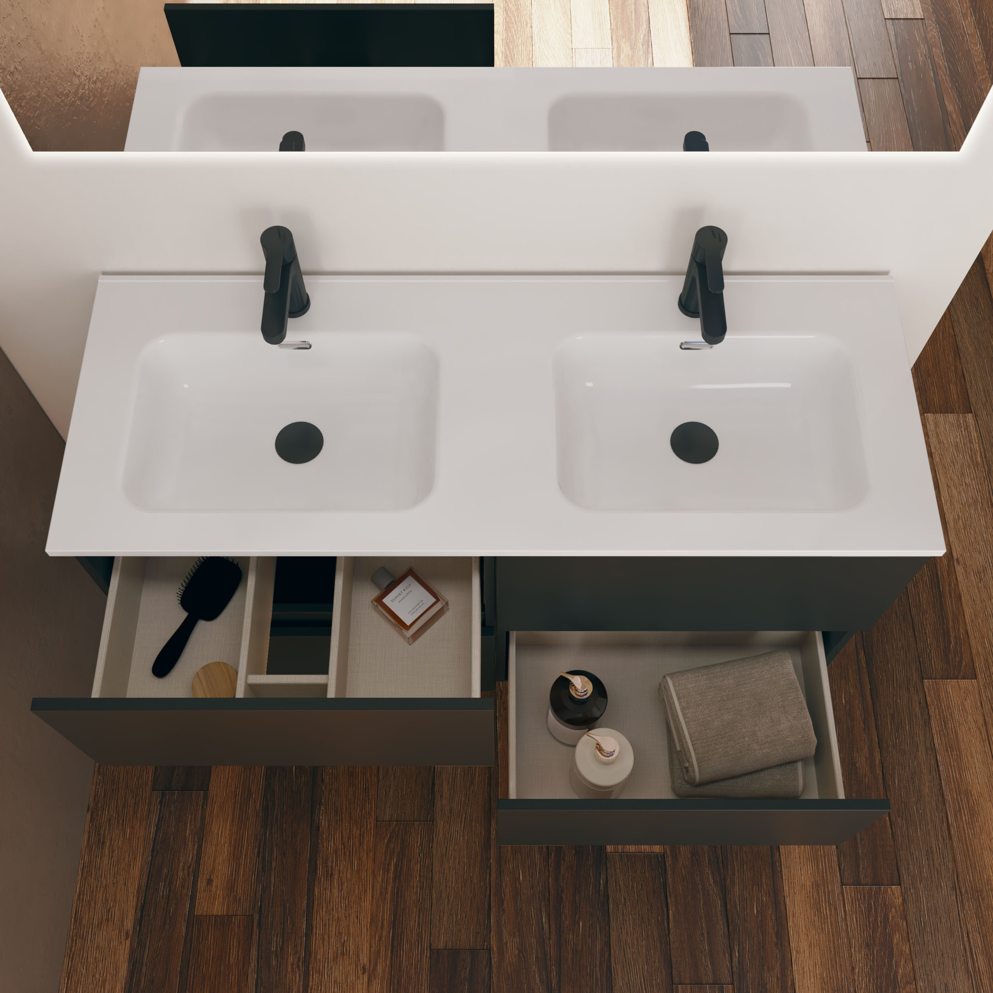 Conjunto de Baño Kaji | Mueble de Baño Suspendido | 120 cm Negro| Cuatro Cajones | Lavabo Encastrado | No incluye Espejo | Alday