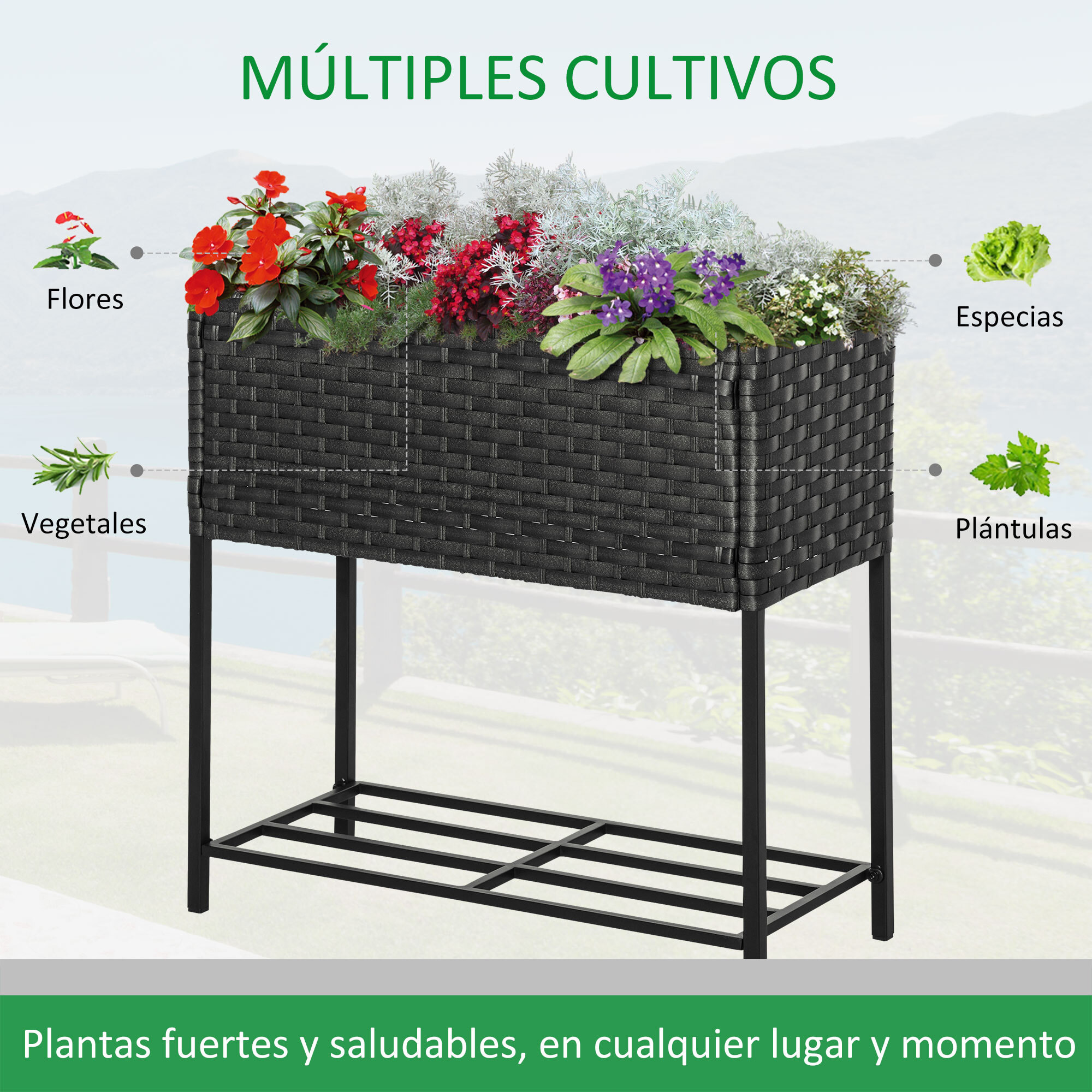 Jardinera Rectangular Exterior de Ratán con Estante Inferior Acero 30 kg Gris