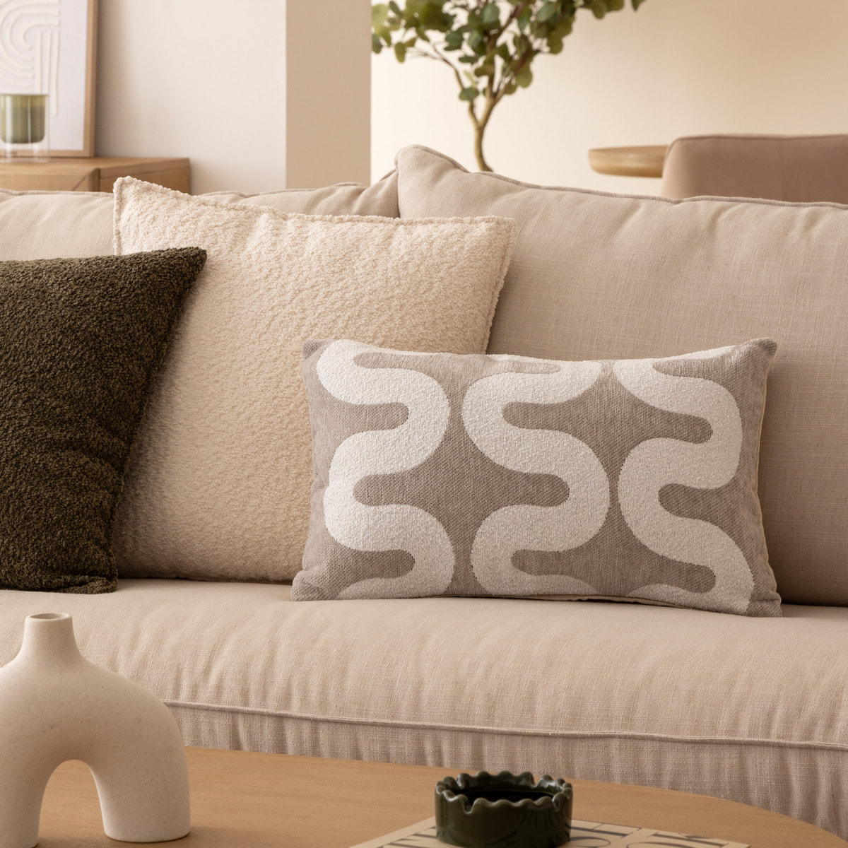 Housse de coussin Jeni chenille beige lin 50x30cm
