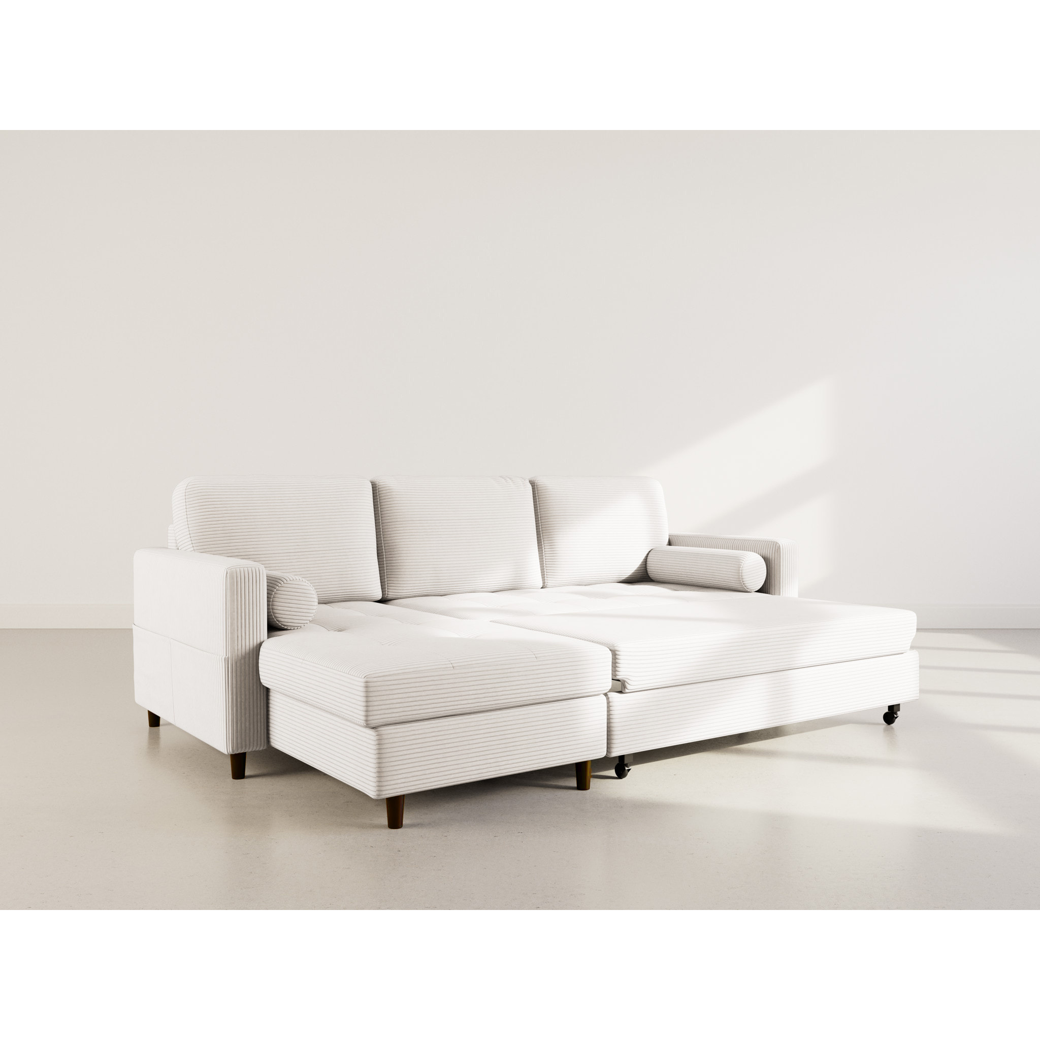 Marceau - Canapé d'angle réversible 4 places convertible avec coffre en velours côtelé - Beige