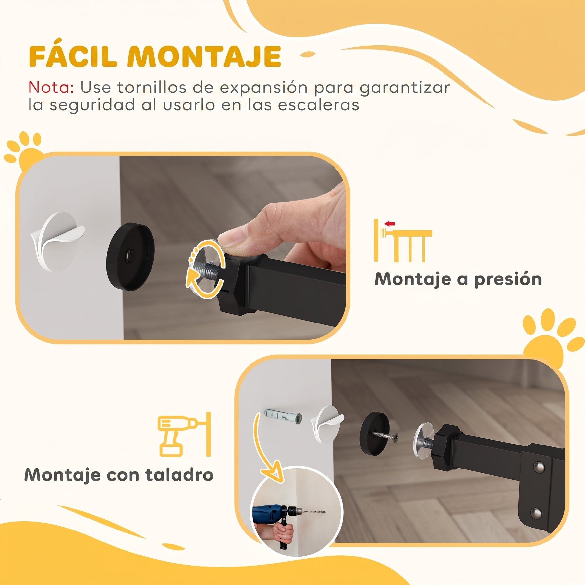 Barrera de Seguridad para Perros Extensible 74-100 cm, para Puertas y Escaleras, Barrera para Perros Medianos, Cierre Automático Montaje a Presión Doble Bloqueo 2 Extensiones 7/14 cm, Negro