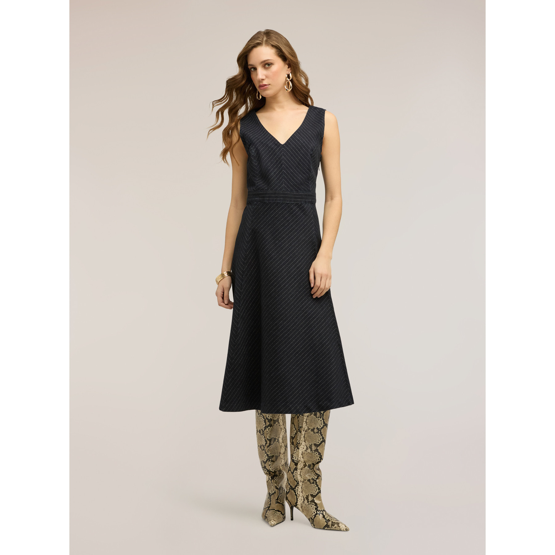 Motivi - Vestido flare en denim a rayas - Azul