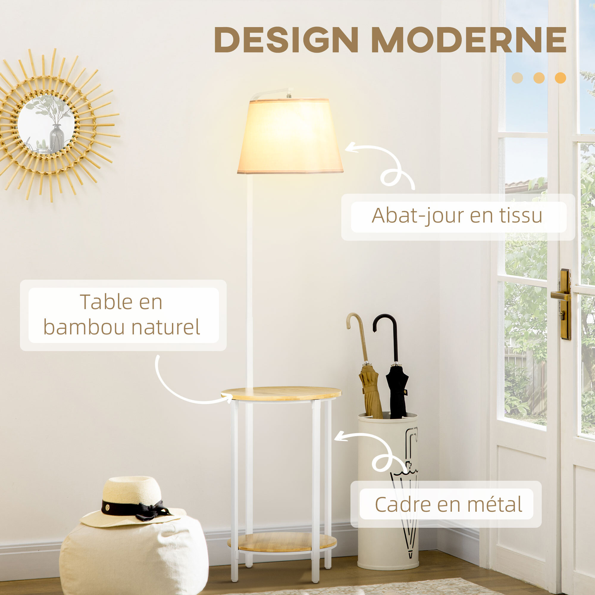 Lampadaire étagères design dim. Ø 37 x 162H cm 40 W max. bois bambou verni métal abat-jour tissu blanc