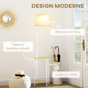 Lampadaire étagères design dim. Ø 37 x 162H cm 40 W max. bois bambou verni métal abat-jour tissu blanc