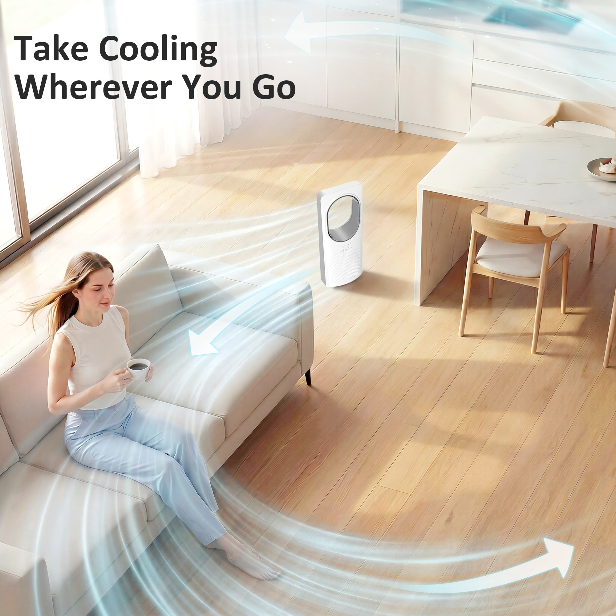 Ventilador de Torre Silencioso 36dB, Ventilador sin Aspas con Mando a Distancia, Oscilación 45°, 3 Velocidades, 3 Modos, Temporizador 15H, para Dormitorio, Blanco