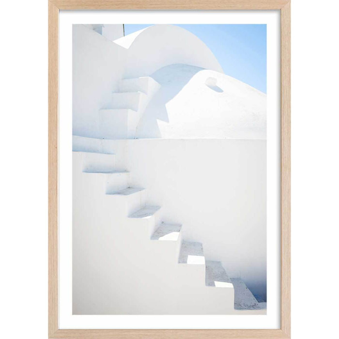 Poster escaliers sur oia Affiche + cadre en bois - Chêne