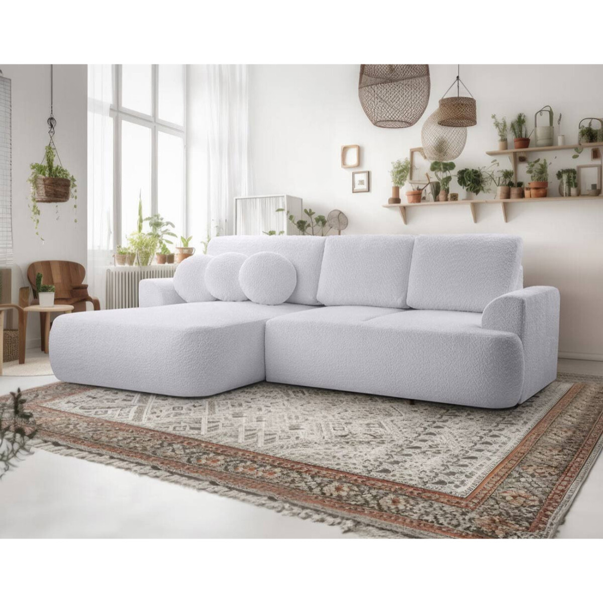 Candela - canapé d'angle gauche 4 places - convertible avec coffre - en tissu bouclette - Gris clair