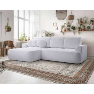 Candela - canapé d'angle gauche 4 places - convertible avec coffre - en tissu bouclette - Gris clair