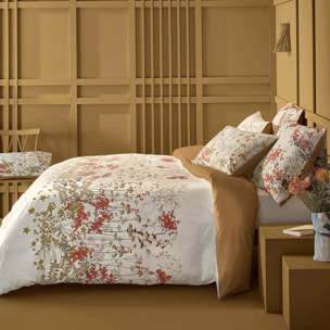 Lot h.couette +taies percale de coton 115 g/m² imprimé beige orange Erables beige