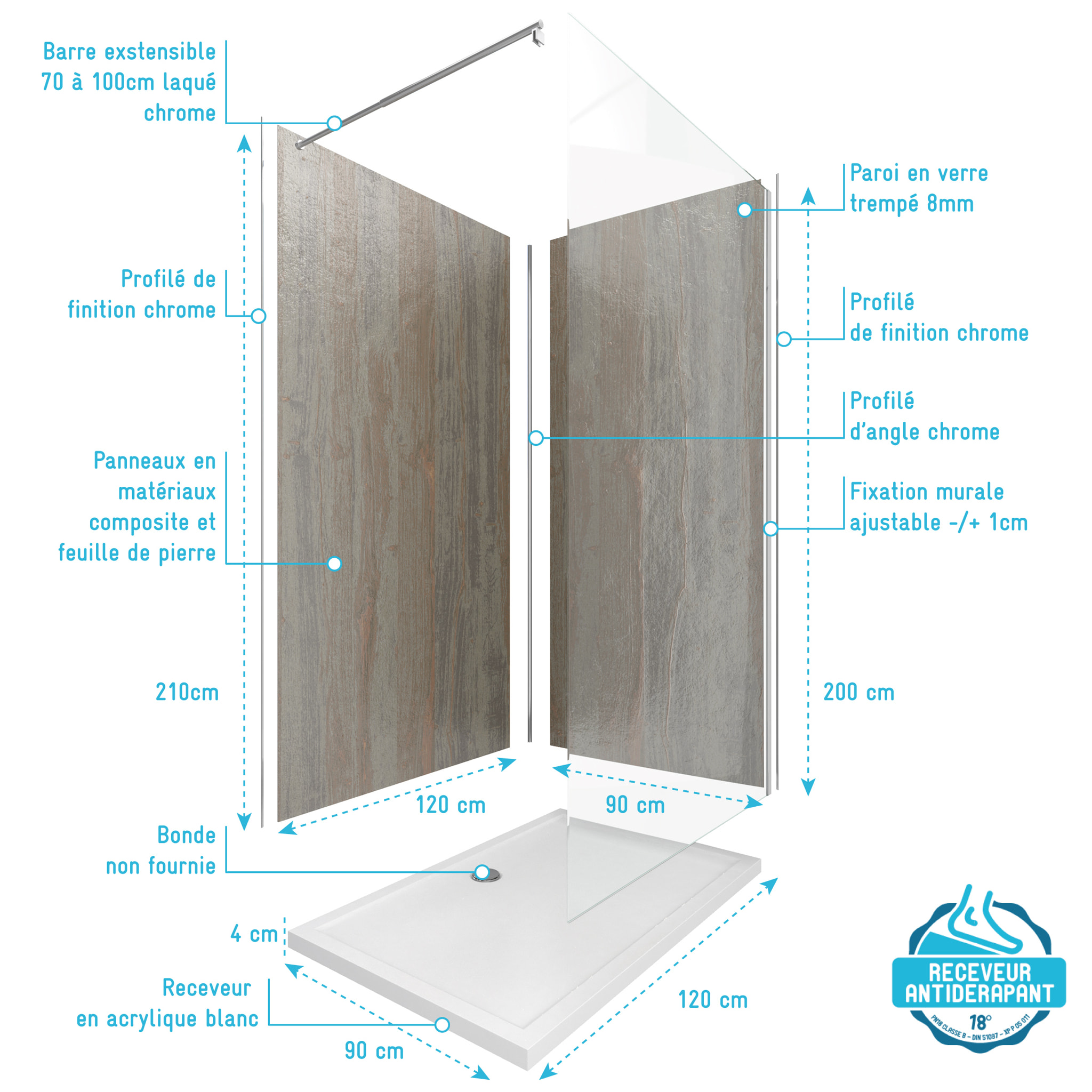 Pack Panneaux Muraux Wood Stone 90+120x210 - Receveur 120x90 - Paroi 120x200 Profils et Bras CHROME