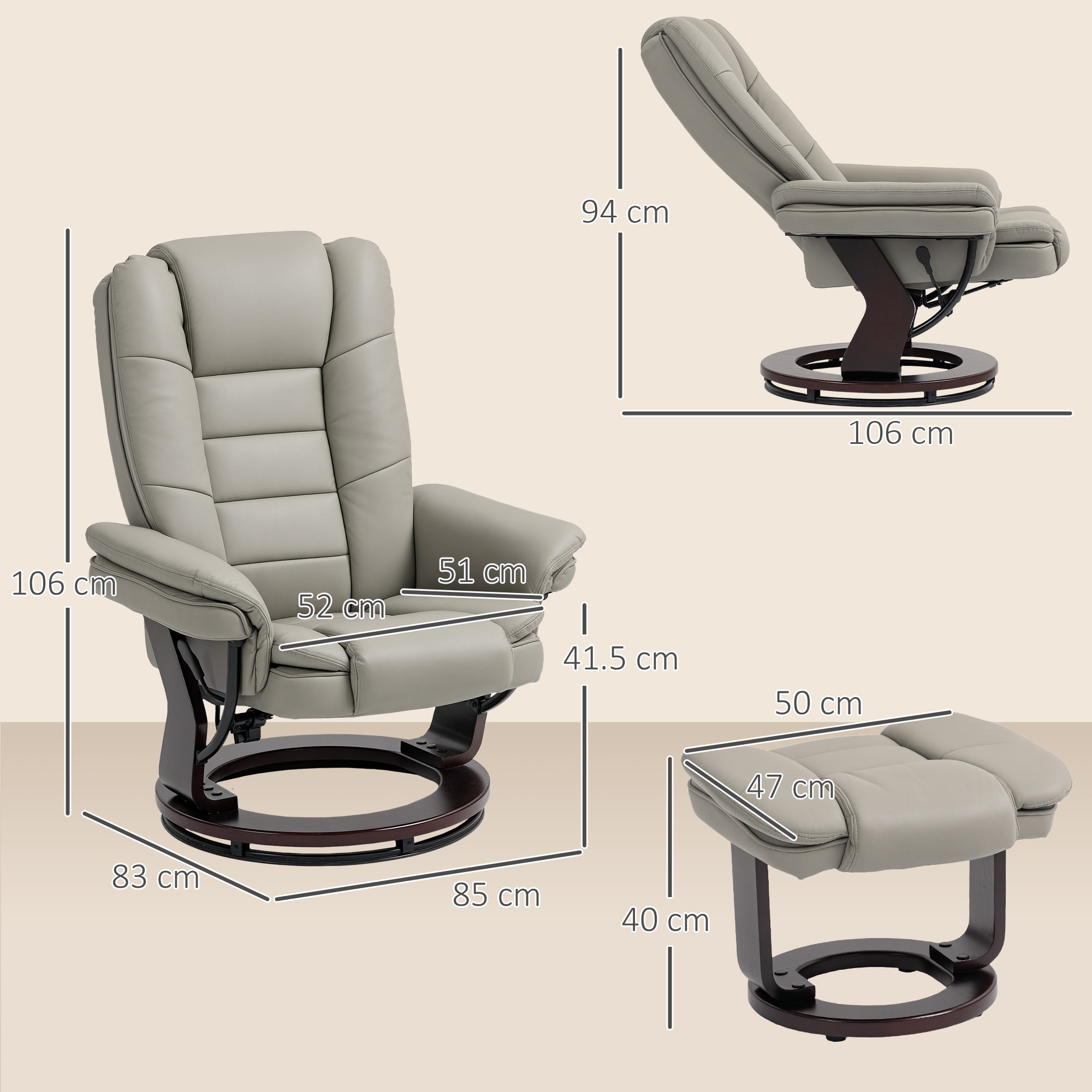 Fauteuil de relaxation inclinable pivotant avec repose-pied PU grège