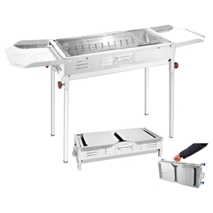 Barbacoa de carbón de acero inoxidable con dos soportes y altura regulable.