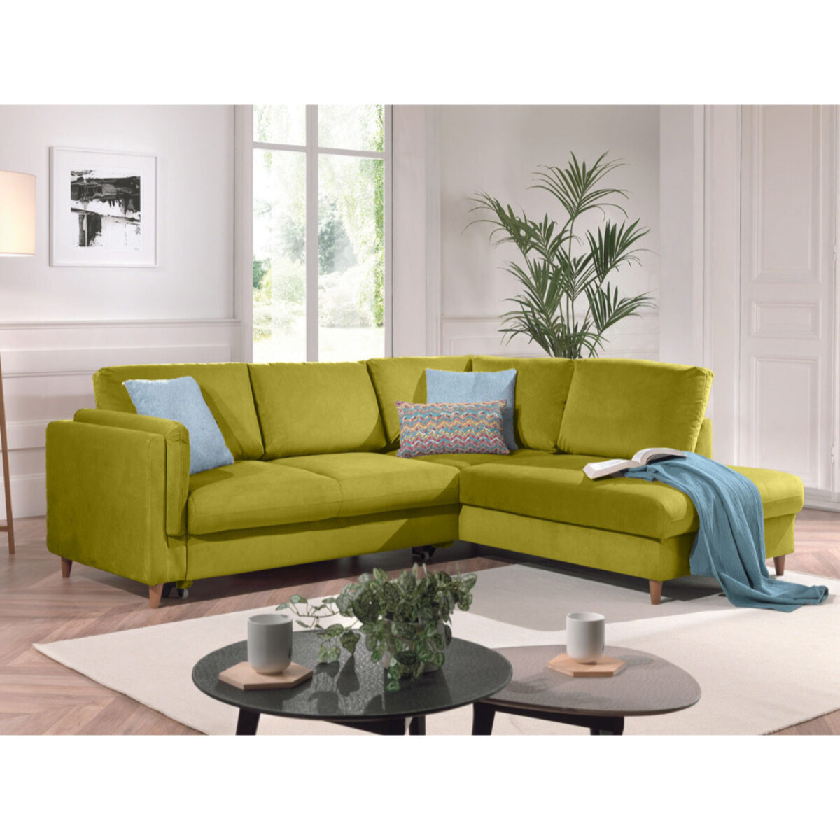 Brooke - canapé d'angle droit - convertible - 5 places - en velours - Vert Olive