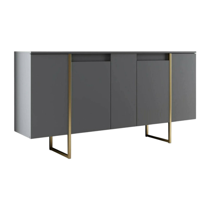 Credenza Arta, Buffet da soggiorno, Madia da salotto, Dispensa da cucina, 160x35h80 cm, Antracite e Oro