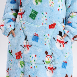Bata estilo sudadera y manta de felpa extrasuave. Triple bolsillo frontal tipo canguro. Diseño navideño azul tipo largo.