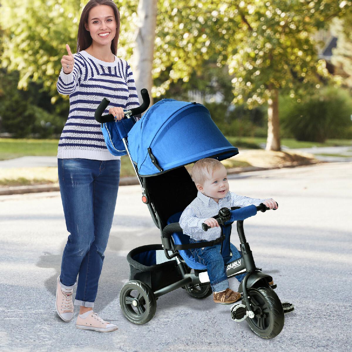 Tricycle enfants évolutif canne  et pare-soleil pliable amovible sacoche et panier 96 x 54l x 101 cm acier bleu