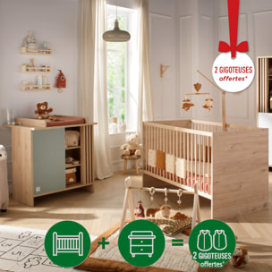 Chambre bébé évolutive Tokyo, Lit 140x70 évolutif et Commode à langer claustra - Chêne suave