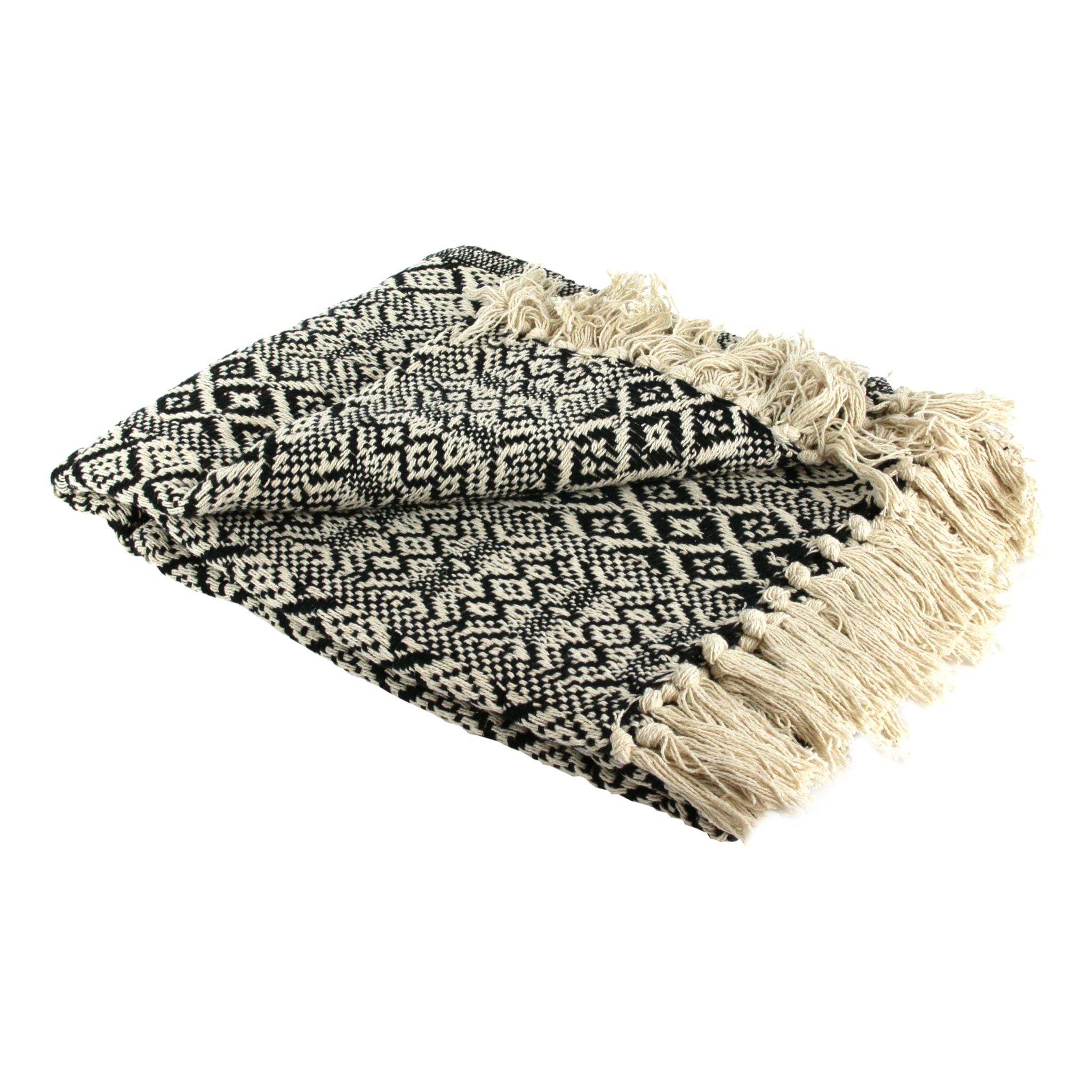 Plaid - HOME DECO FACTORY - Ethnique Frange Carreaux - Motifs Géométriques - Blanc et Noir