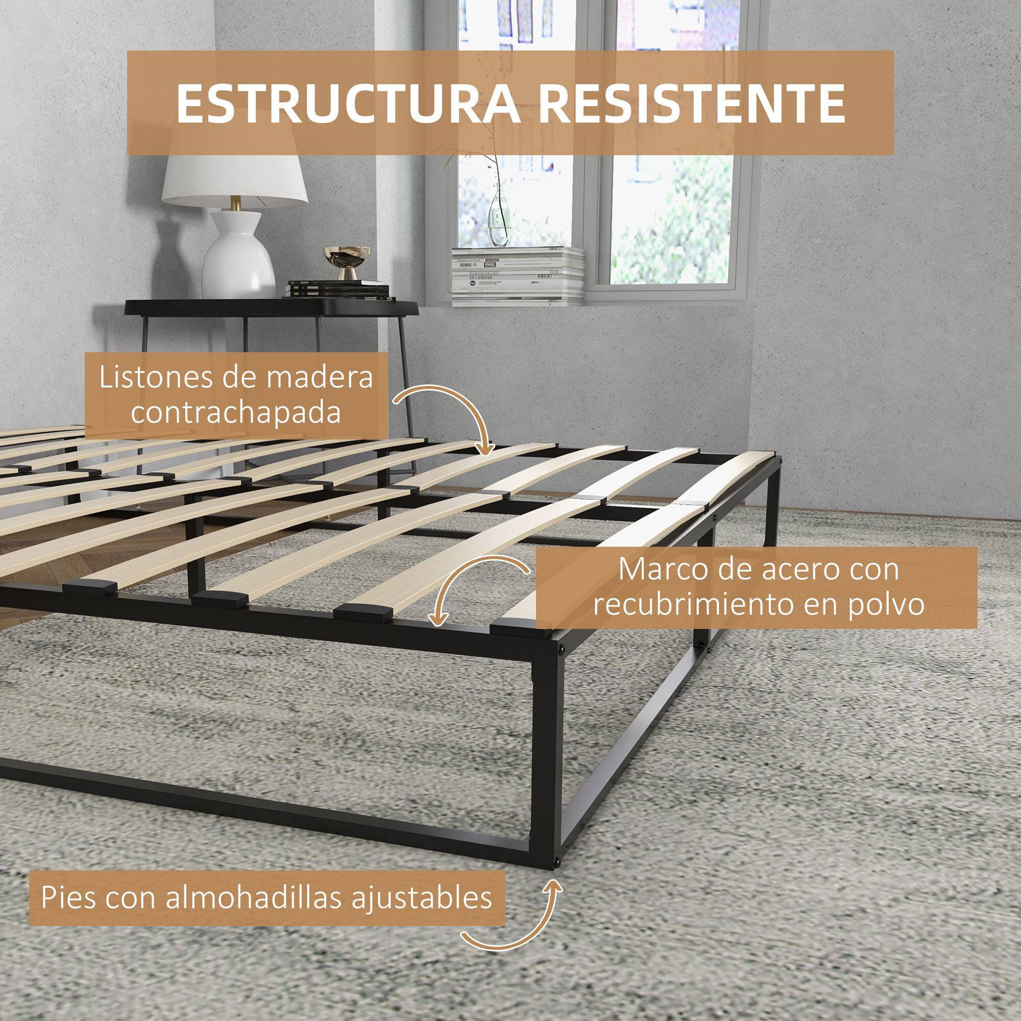 Marco de Cama de Acero Altura 25 cm Estructura de Cama para Colchón 180x200 cm Somier de Listones de Madera para 1-2 Personas Estilo Moderno Negro