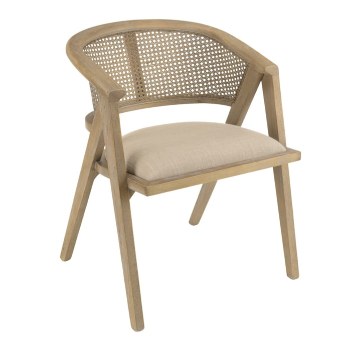 PIERRE - Chaise en bois assise tissu couleur lin dossier rotin naturel