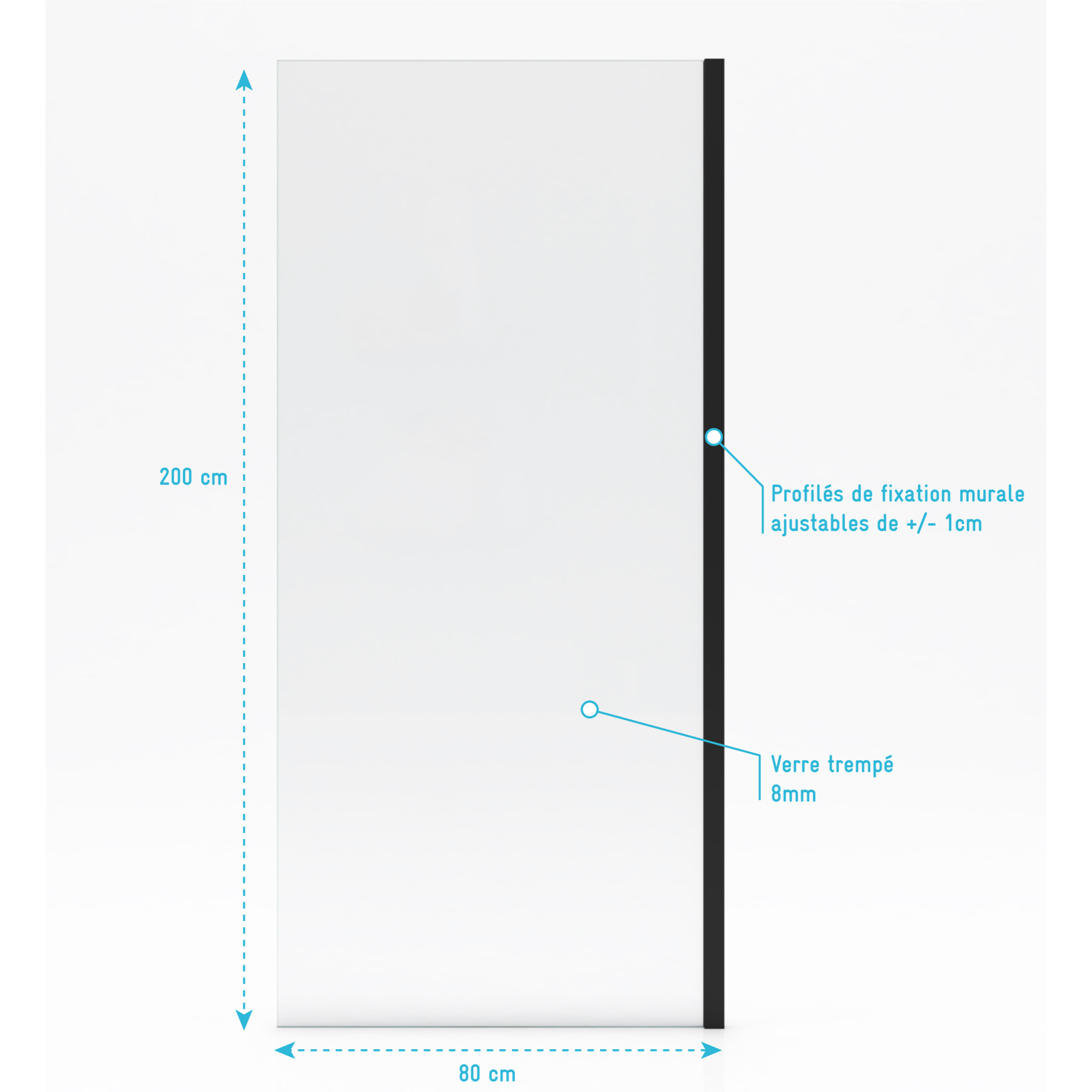 Paroi de retour pour Paroi porte de douche type industriel NOIR MAT - 80x200cm - verre trempe 8mm