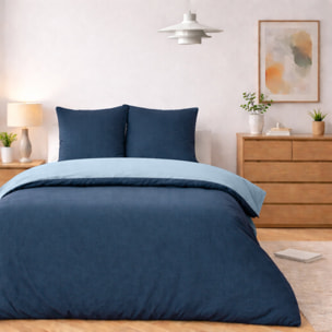 Parure housse de couette avec taie 100% coton lavé - Vicky Bicolore Bleu Foncé