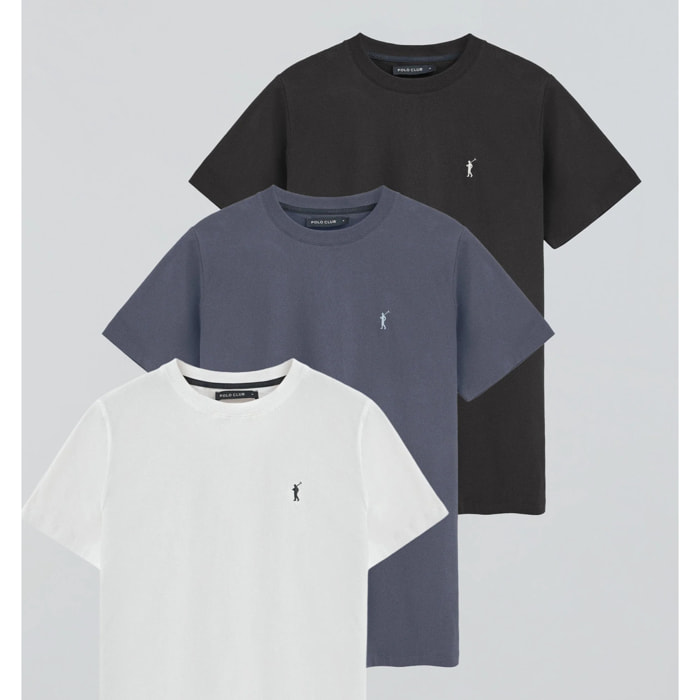 Pack uomo con tre magliette in nero, blu denim e bianco a girocollo e ricamo Rigby Go ricamato
