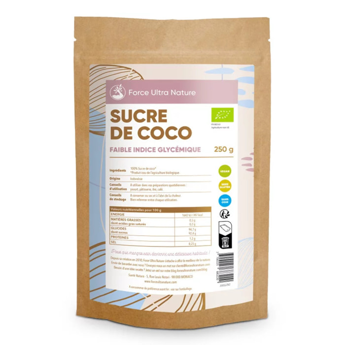 FORCE ULTRA NATURE - Sucre de Coco Force Ultra Nature - 100% BIO - Idéal en substitut du sucre blanc - Goût subtilement caramélisé - Doypack 250g, 500g, 1kg