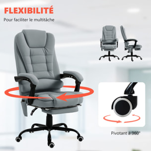 Fauteuil de bureau direction massant inclinable réglable repose-pied coussin lombaires synthétique gris