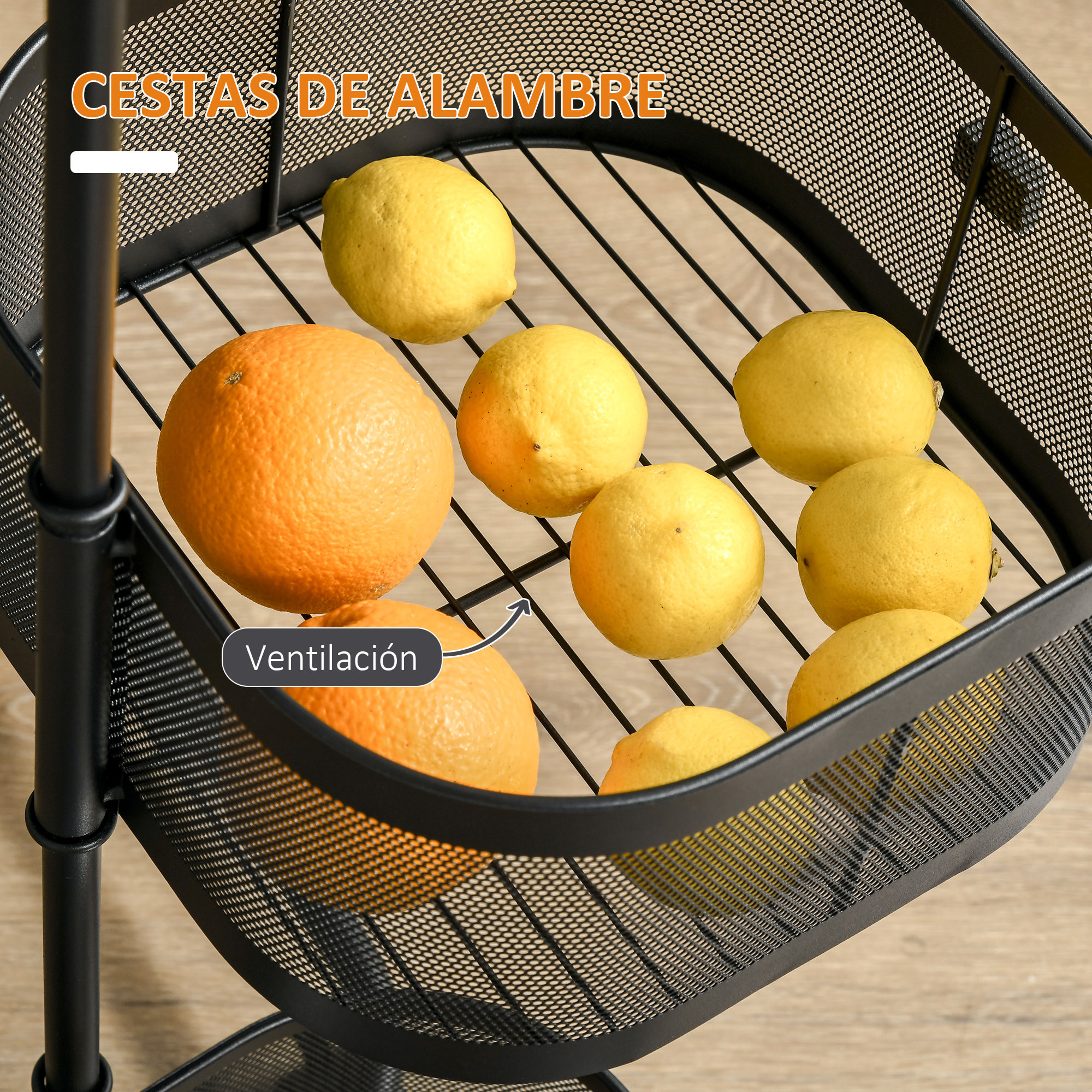 Carrito Auxiliar con Ruedas de 5 Niveles, Carrito de Cocina con 4 Cestas de Almacenamiento Giratorias 270° y Bandeja Superior, para Frutas, Verduras, Utensilios, 33x33x77 cm, Negro