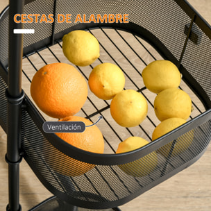 Carrito Auxiliar con Ruedas de 5 Niveles, Carrito de Cocina con 4 Cestas de Almacenamiento Giratorias 270° y Bandeja Superior, para Frutas, Verduras, Utensilios, 33x33x77 cm, Negro
