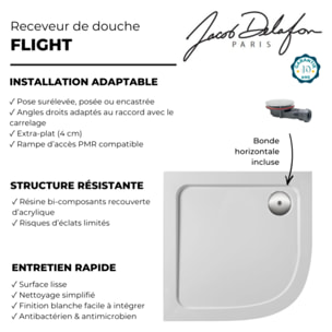 Receveur de douche 80 x 80 cm Flight quart de rond blanc avec bonde horizontale chromé